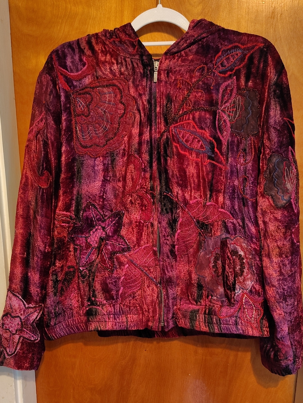 Chico's Deep Wine Velvet Floral Zip Hoodie Bomber Jacket